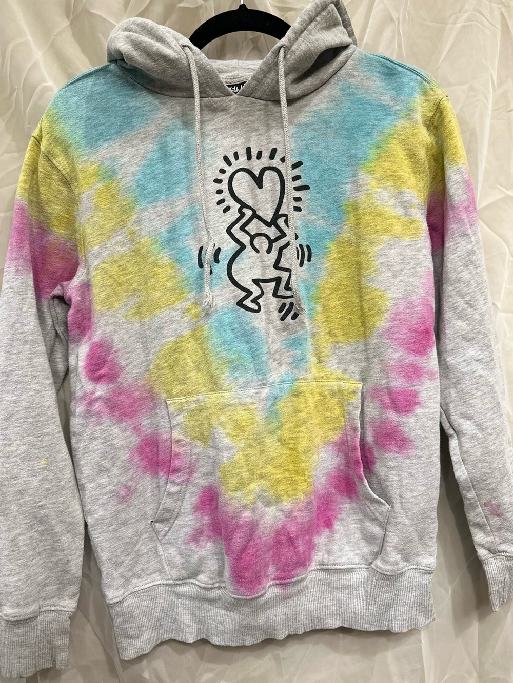 Tie-Dye Gray Hoodie with Dancing Retro Heart Graphic - Women's Hoodie